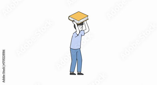 Young man struggling under the heavy weight of a large book on his head, illustrating educational burden and academic pressure.