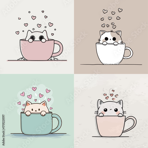 Four adorable cats peek out from different colored cups, surrounded by floating hearts. The playful design showcases a charming and whimsical representation of feline cuteness.