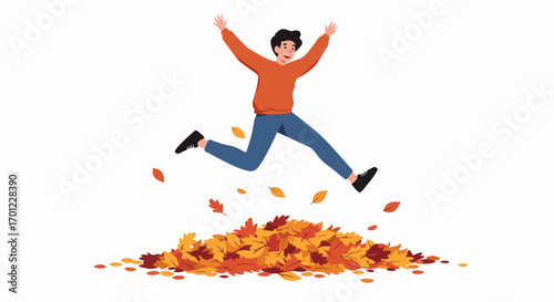 Joyful young man jumping in a vibrant pile of autumn leaves, celebrating the fall season with a happy and energetic mood.