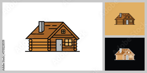 An illustration of a log house or cabin in a simple yet colorful flat design style, complete with a black outline.