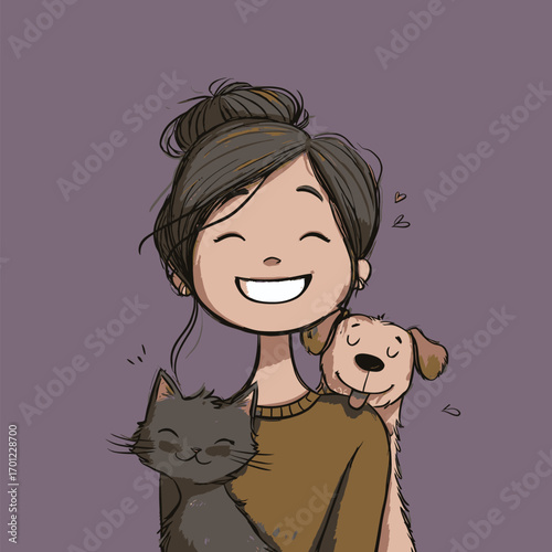 A girl with a cheerful smile holds a black cat in her arms while a happy dog sits on her shoulder, radiating joy and warmth.