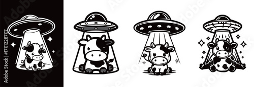 Four cartoon cows are featured as they are beamed up by flying saucers in a fun black and white setting. Each cow has a distinct expression, adding to the whimsical nature.