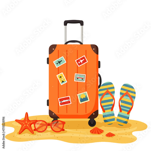 An orange suitcase with travel stickers sits on sand next to flip-flops, a starfish, sunglasses, and seashells.