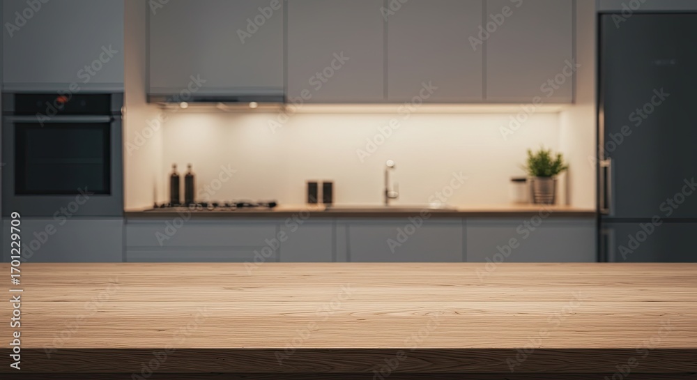 Fototapeta premium Empty Wooden Table with Blurred Gray Modern Kitchen Background
