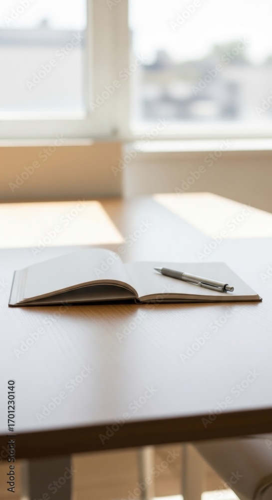 Fototapeta premium Open Notebook and Pen on Wooden Desk with Soft Natural Light