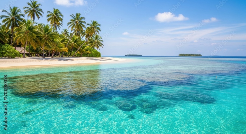 Fototapeta premium Idyllic Tropical Paradise: Pristine White Sand Beach, Lush Palm Trees, and Crystal-Clear Turquoise Ocean Waters with Distant Islands