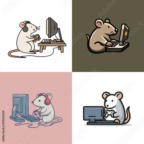 Four cartoon mice are depicted at computers, each engaged in unique activities such as gaming and browsing. The playful art showcases different colors and styles.
