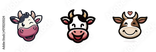 Wallpaper Mural Three cartoon cow illustrations showcase distinct characters with smiling faces and playful features, perfect for childrens materials or farm-themed designs. Torontodigital.ca