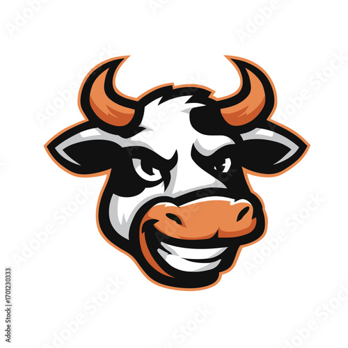 A cartoon-style cow head features bold black and white colors with orange accents, displaying a confident grin. The design captures a playful yet fierce character.