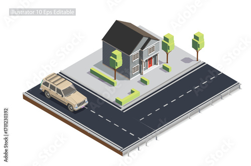 Isometric roadside mansion on the sidewalk Editable in 10 EPS. Vector Isometric Illustration Perfect for Diagrams, Infographics, And Other Graphic Assets