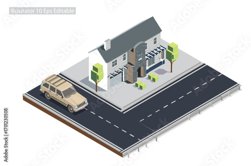 Isometric roadside mansion on the sidewalk Editable in 10 EPS. Vector Isometric Illustration Perfect for Diagrams, Infographics, And Other Graphic Assets