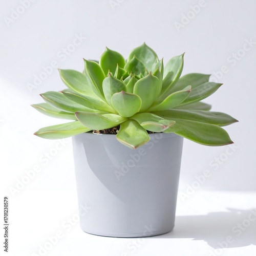 Succulent plant in a light gray pot against white background