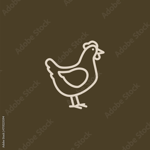 A line drawing of a chicken is centered on a brown backdrop. The chicken stands upright with a detailed design, emphasizing its features and shape.