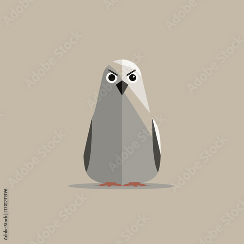 A geometric illustration of an owl featuring sharp angles and a neutral color palette. The owl appears alert, showcasing its distinctive features in a modern artistic style.