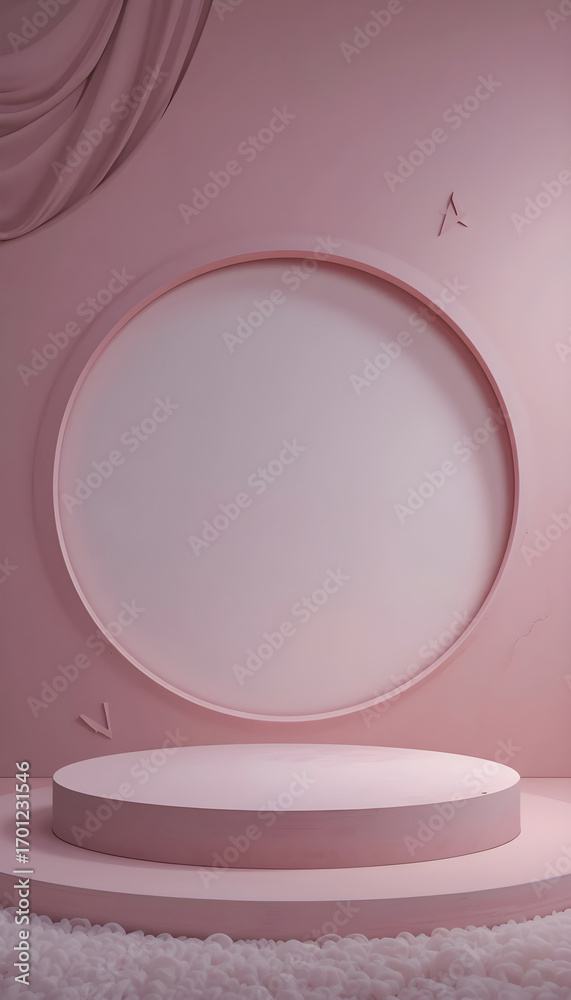 Obraz premium Pink Circular Stage Podium with Draped Fabric and White Ball Pit circle round