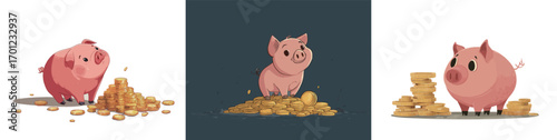 Three cartoon pigs joyfully interact with piles of coins, showcasing their playful nature and fascination with treasure in a whimsical environment.