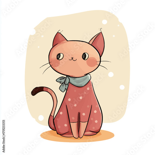 A charming cat sits gracefully, wearing a polka dot dress with a matching scarf, radiating joy and whimsy. The colorful design adds a fun element to the composition.