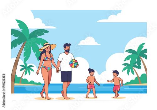 Adobe illustrator artwork vector illustration of a family on a beach vacation. The scene shows parents and their two children enjoying a sunny day by the sea, emphasizing a happy, carefree holiday