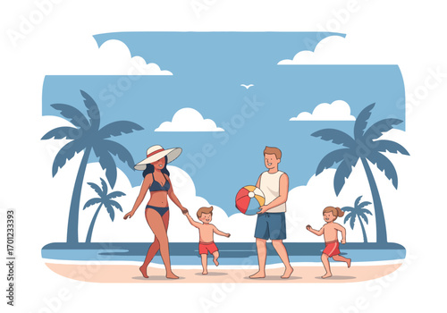 Adobe illustrator artwork vector illustration of a family on a beach vacation. The scene shows parents and their two children enjoying a sunny day by the sea, emphasizing a happy, carefree holiday