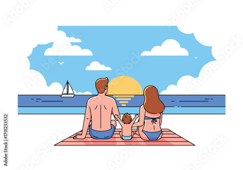 Adobe illustrator artwork vector illustration of a family on a beach vacation. The scene shows parents and their two children enjoying a sunny day by the sea, emphasizing a happy, carefree holiday