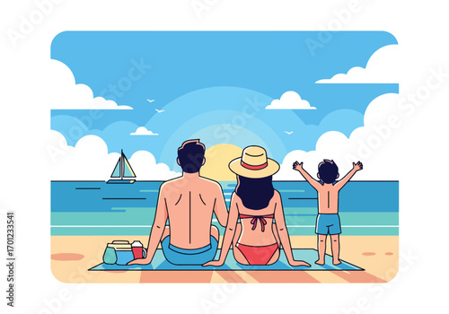 Adobe illustrator artwork vector illustration of a family on a beach vacation. The scene shows parents and their two children enjoying a sunny day by the sea, emphasizing a happy, carefree holiday