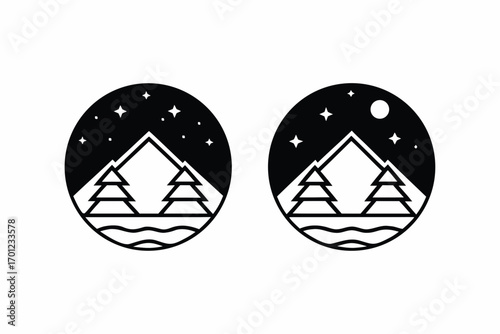 Beautiful starry night sky with snowy forest and mountains, winter silhouette vector background