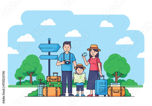 Adobe illustrator artwork vector illustration of a family on a travel adventure, standing on a large map with luggage and a beautiful mountain landscape in the background. It represents discovery