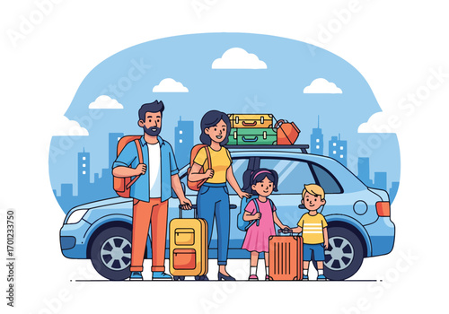 Adobe illustrator artwork vector illustration of a happy family traveling in a car packed with luggage, enjoying a road trip through a scenic landscape under a sunny sky