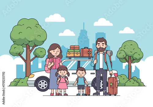 Adobe illustrator artwork vector illustration of a happy family traveling in a car packed with luggage, enjoying a road trip through a scenic landscape under a sunny sky