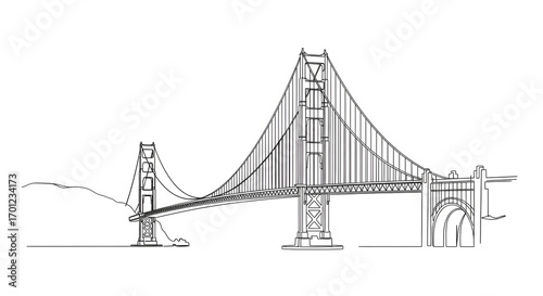 A black and white continuous line drawing of the iconic Golden Gate Bridge in San Francisco, California.