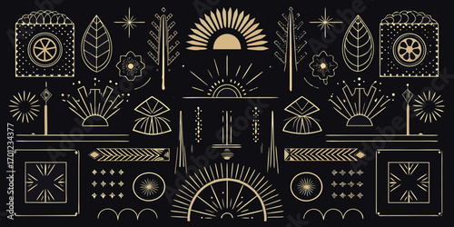 Art deco inspired celestial and botanical elements in gold on a dark background seamless pattern