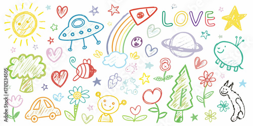 Whimsical hand drawn childrens drawing collection featuring space nature and love symbols