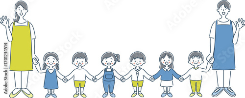 笑顔で手を繋ぐ女の子と男の子の園児と保育士のイラスト素材