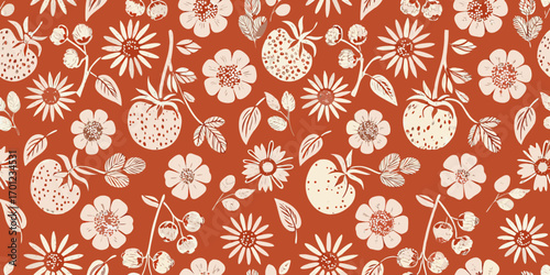 Charming hand drawn white strawberries and wildflowers seamless pattern on a warm terracotta background
