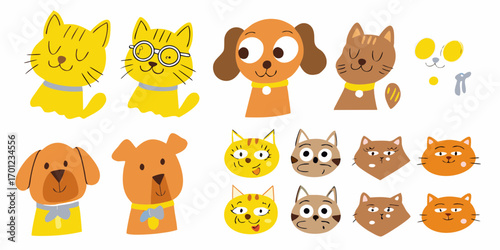 Collection of cute cartoon dogs and cats with simple flat design and vibrant colors