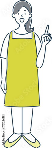 指差しして説明をしている笑顔の女性保育士のシンプルな線画イラスト素材