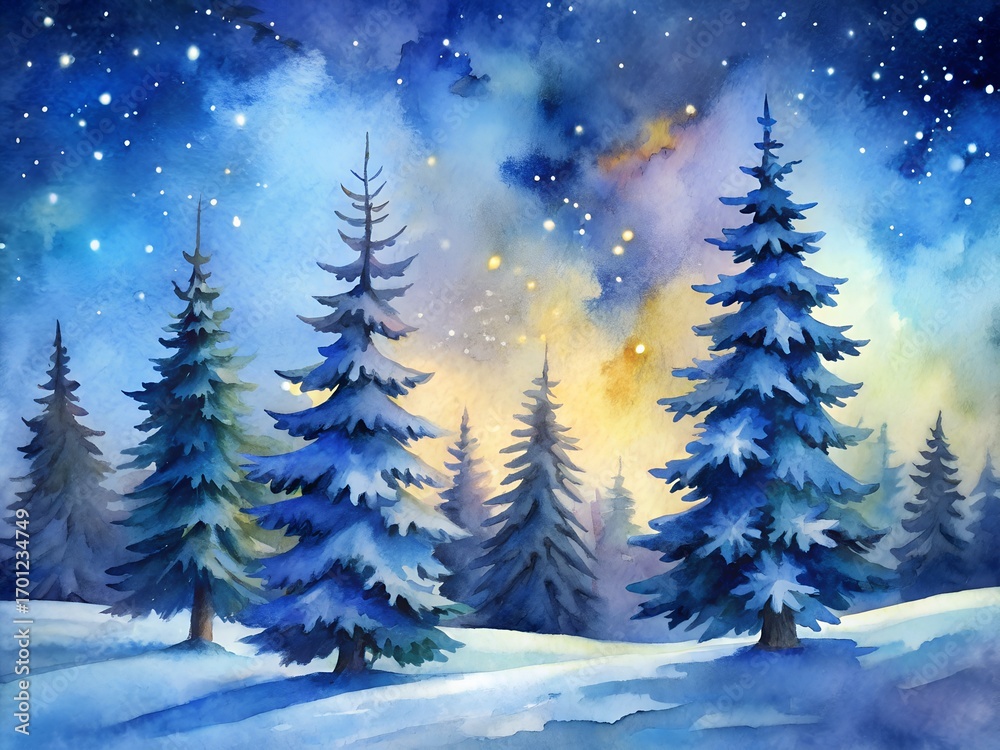 Obraz premium Watercolor Winter Landscape with Snow Covered Trees and a Starry Night Sky