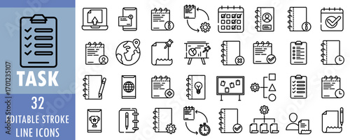 Collection of task and productivity outline icons including checklist, calendar, notebook, planner, schedule, workflow, and project management. Editable stroke vector illustration
