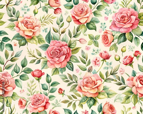 Wallpaper Mural Elegant watercolor floral pattern with pink roses and green leaves on a cream background Torontodigital.ca