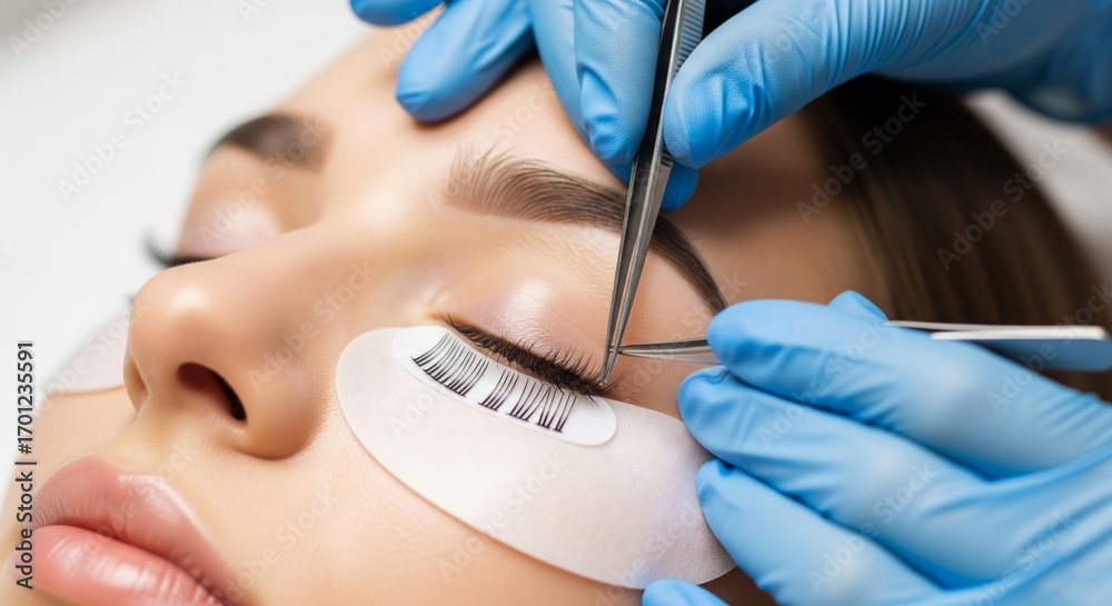 Naklejka premium Woman with Closed Eyes Getting Eyelash Extensions by Beautician Wearing Gloves