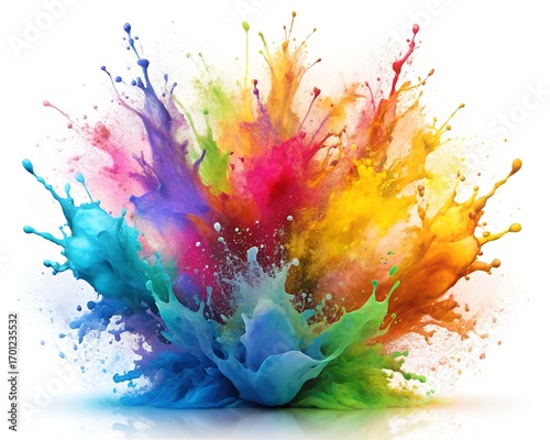 Vibrant explosion of colorful paint creates dynamic and artistic visual effect on white background