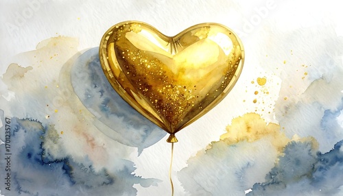 Gold heart balloon, watercolor art
