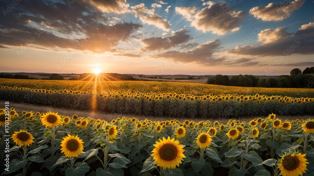 Obraz premium Sunflower field sunset open landscape nature photography bright background peaceful environment