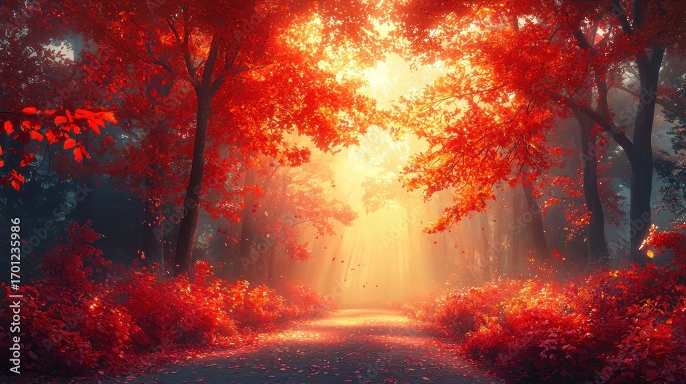 Fototapeta premium Sunlit path through vibrant red autumn forest.