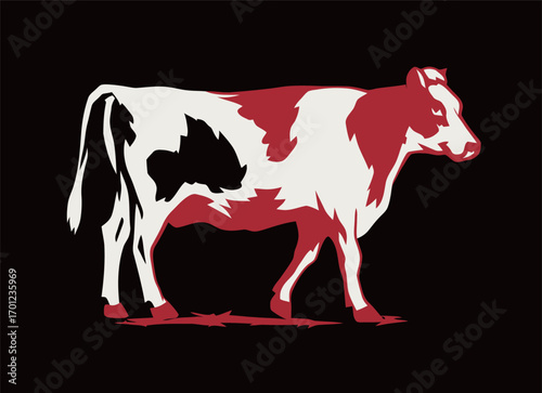 This artwork features a vibrant red and white cow standing on a dark background. The cow is depicted in a simplistic and artistic manner, showcasing its distinct colors and form.