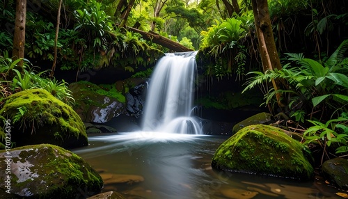 Cascading waterfall descends amongst lush green forest, moss covered rocks, and pooling water