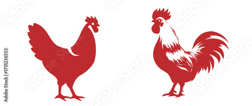 Two red silhouettes depict a chicken and a rooster against a white background, representing farm life and poultry characters often seen in rural settings.