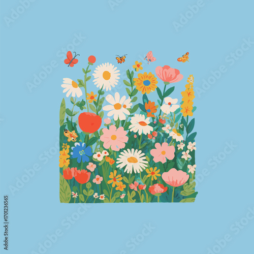 A vibrant collection of flowers blooms with various colors and shapes, surrounded by butterflies and bees against a soothing light blue backdrop.
