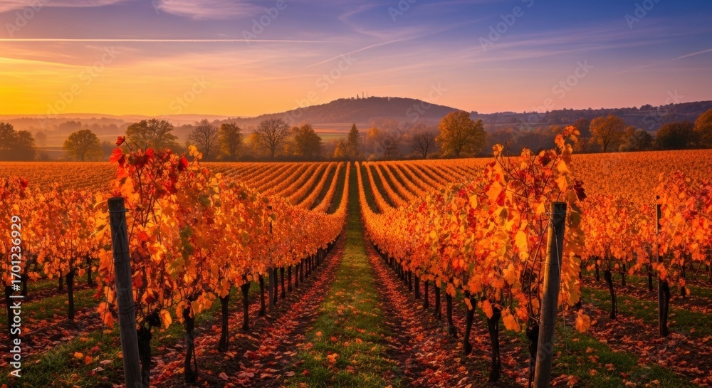 Naklejka premium Golden Autumn Vineyard Rows Bathed in Warm Sunset Light, Rolling Hills and Distant Castle