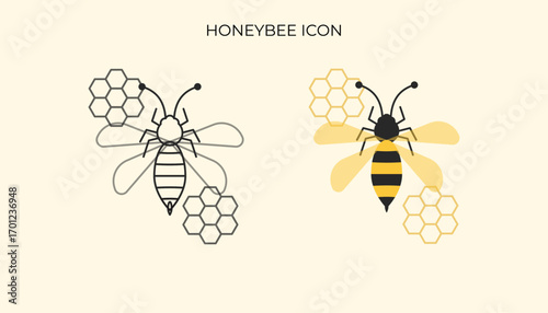 This icon features a stylized bee, shown in both an outline and a colored version, with surrounding honeycomb shapes.